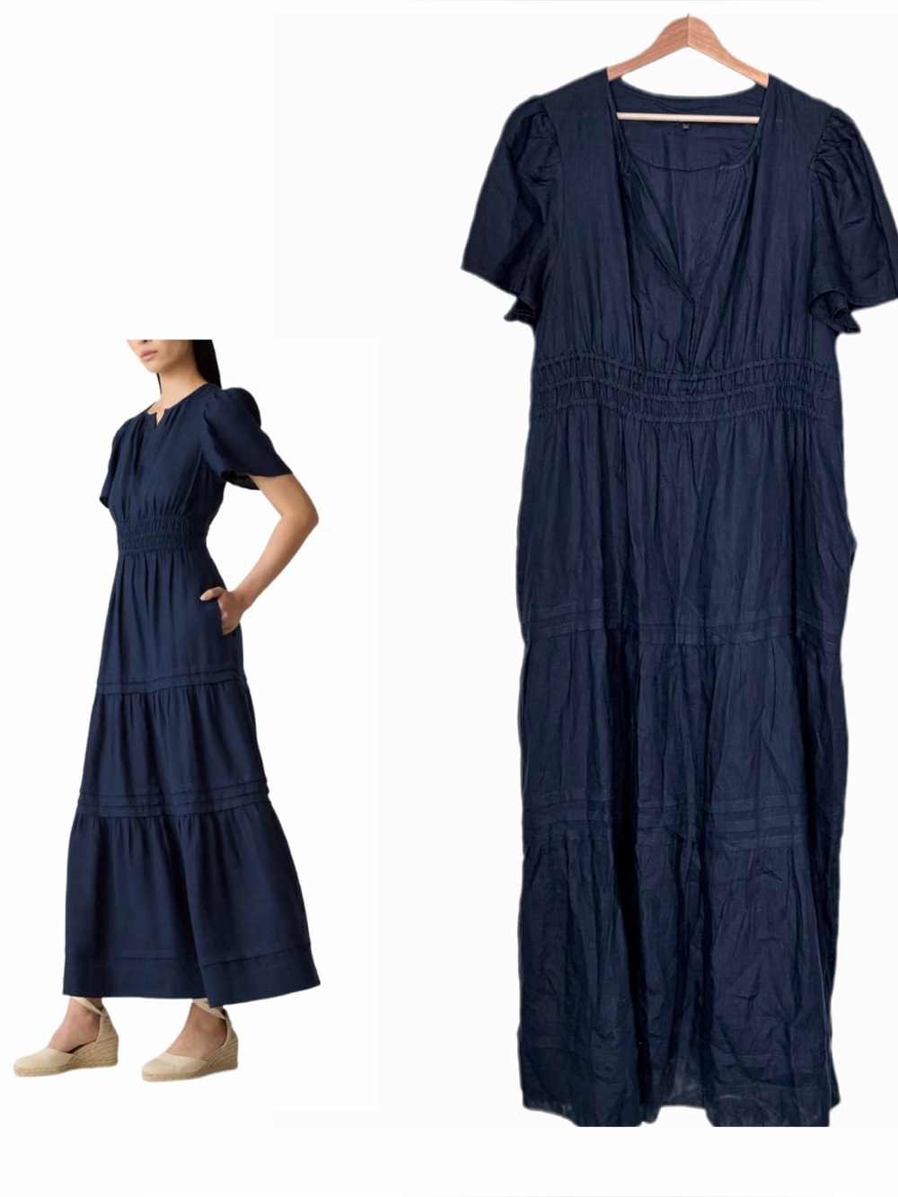 Quince 100% European Linen Tiered Maxi Dress in Navy Blue Size XL Pockets